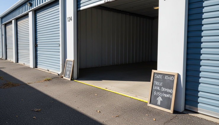 Eye-level view of a storage facility row with one open unit and measuring tape on concrete.