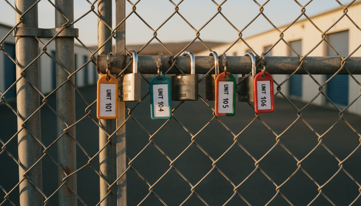 Close-up view of storage unit locks hanging on a fenced gate.