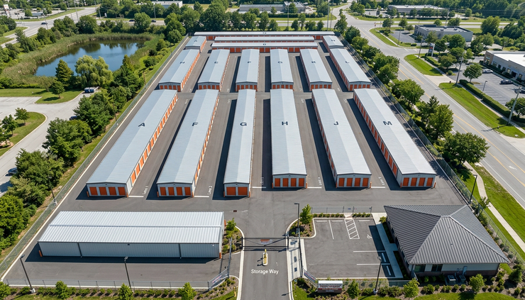 Overhead view of a self-storage property with rows of units and a few open drive lanes.