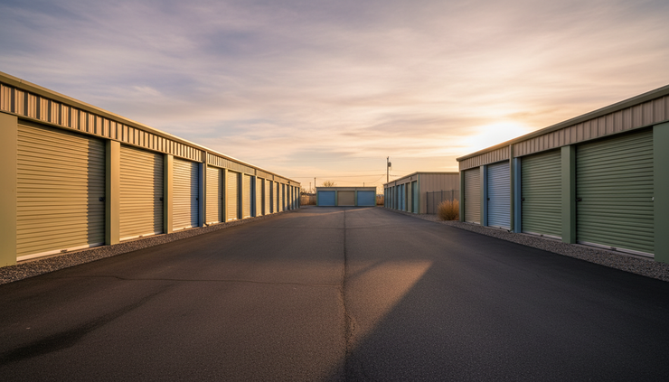 Wide-angle view of a quiet self-storage facility at sunset with long shadows across empty drive lanes.