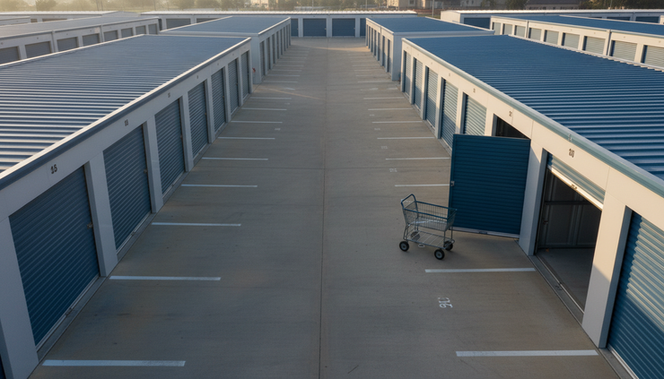 Overhead view of a self-storage driveway with marked unit rows and a single moving cart near an open door.
