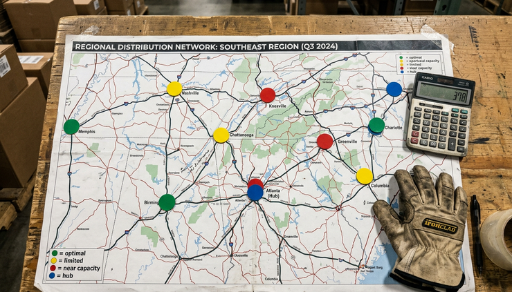 Overhead view of a printed route map and colored capacity markers on a warehouse table