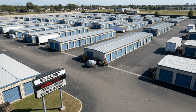 High-angle view of a self-storage property with rows of units and a few parked moving trucks.