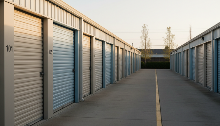 Eye-level view of numbered storage doors along an outdoor drive aisle.