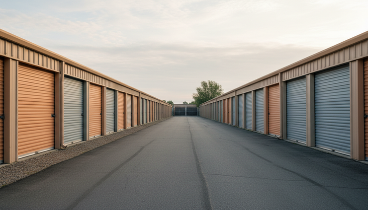 Wide-angle view of a self-storage drive aisle with closed roll-up doors in morning light.