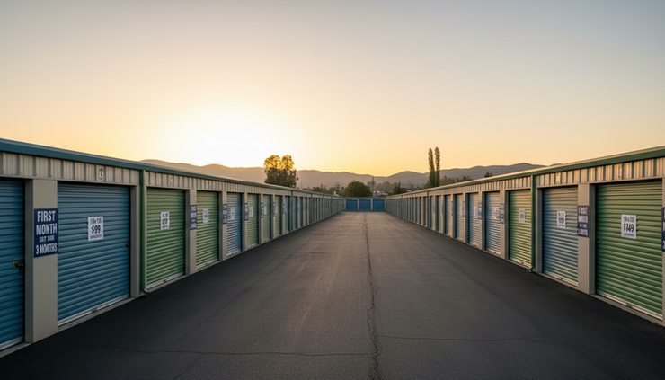 Wide-angle view of self-storage drive aisles at sunrise with varied unit doors.