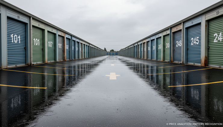 Eye-level view of numbered storage unit doors along a quiet drive aisle after rain.
