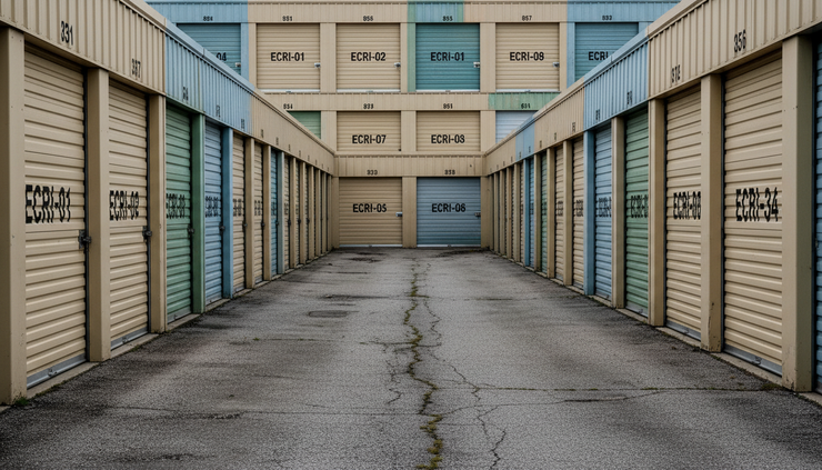 Close-up view of numbered storage unit doors along a narrow drive aisle