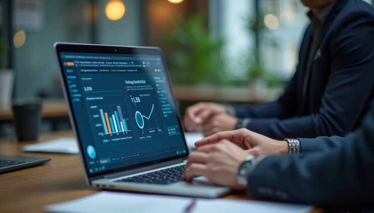 Close-up view of a consultant explaining data strategy on a laptop screen