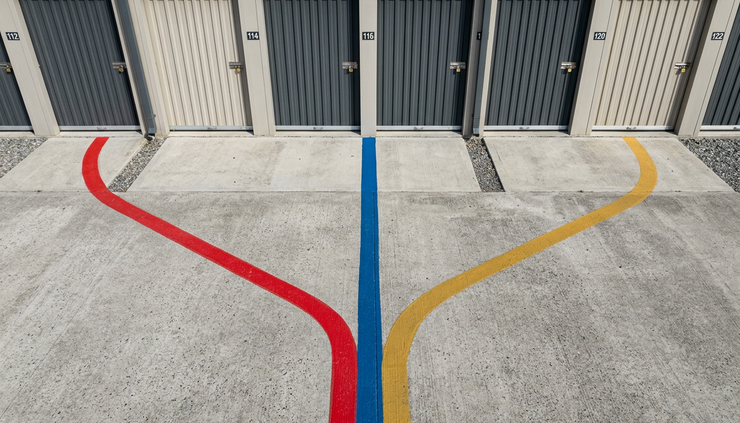 Overhead view of three painted lines splitting across pavement near storage unit doors