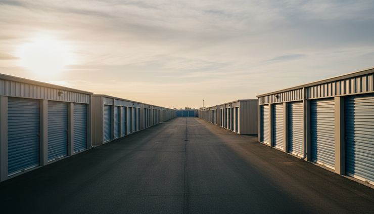 Wide-angle view of a row of self-storage buildings at sunrise.