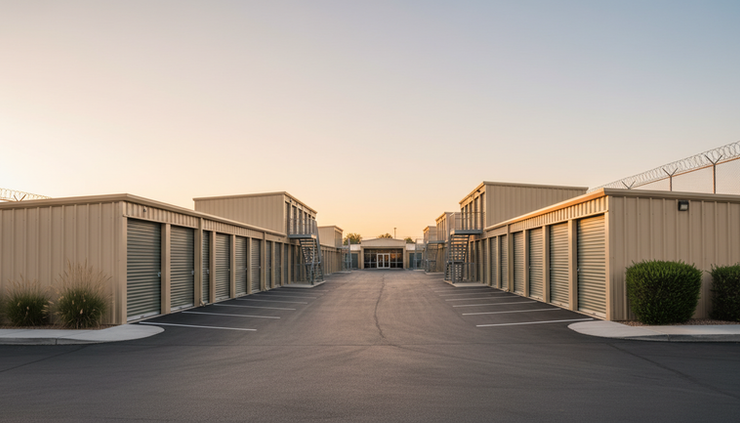 Wide-angle view of rows of self-storage unit doors along an outdoor drive aisle.