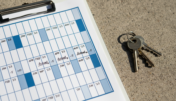Close-up view of a printed property map and handwritten month labels on a clipboard beside storage unit keys.