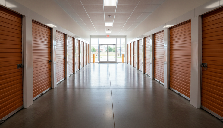 Wide-angle view of a self-storage hallway with several closed roll-up doors.