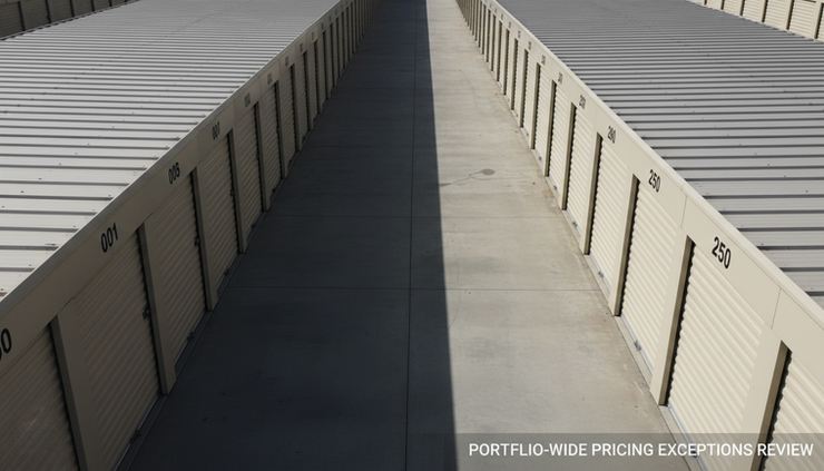 Overhead view of numbered self-storage unit doors arranged in a long row.