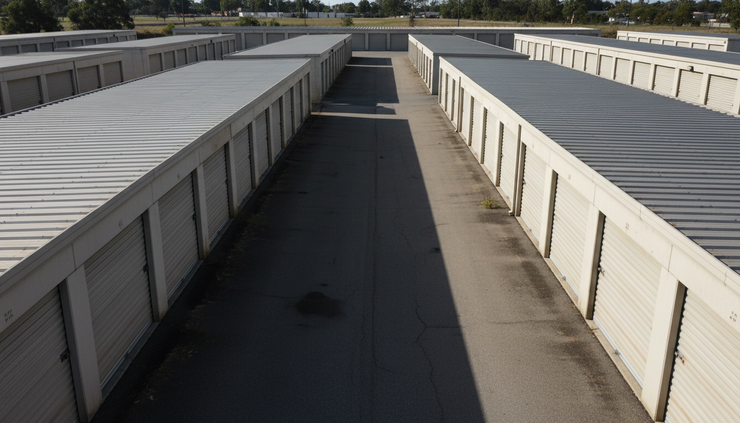 High-angle view of an empty self-storage driveway with multiple unit rows.