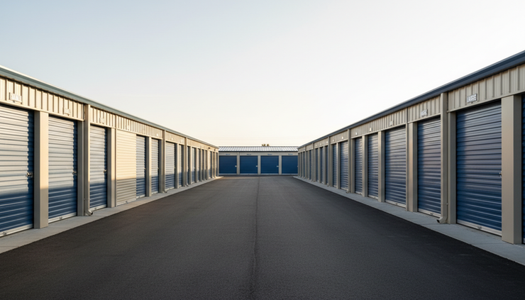 Eye-level view of different storage unit sizes along one drive aisle.