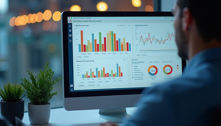 High angle view of a clear, colorful KPI dashboard on a computer screen