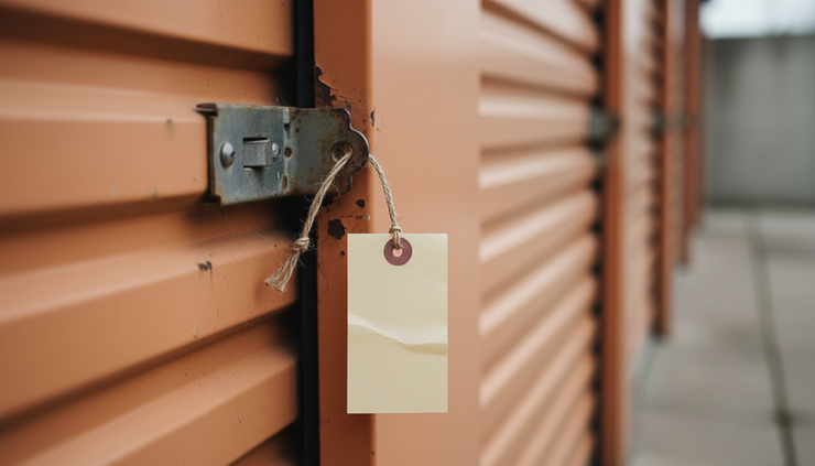 Close-up view of a storage unit latch with a paper rate tag hanging beside it.