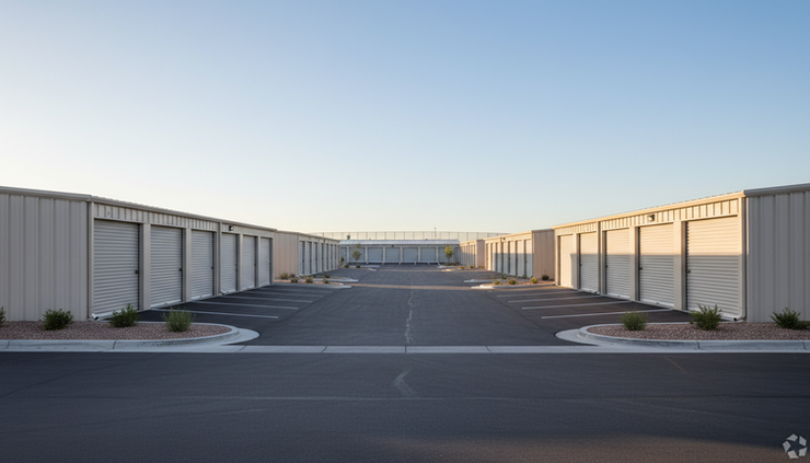 Wide-angle view of several self-storage buildings along a quiet drive aisle.