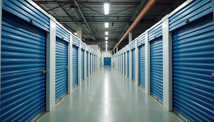 Eye-level view of a multi-site self-storage facility with various unit sizes