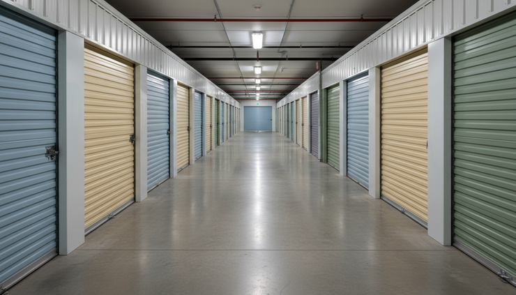 Eye-level view of a self-storage hallway with different unit door sizes in repeating rows.