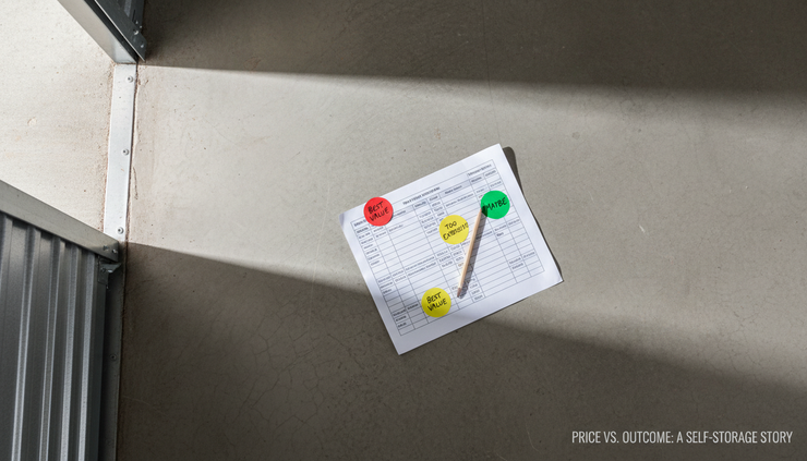 Overhead view of a printed rate sheet and colored tags placed on a storage unit floor.