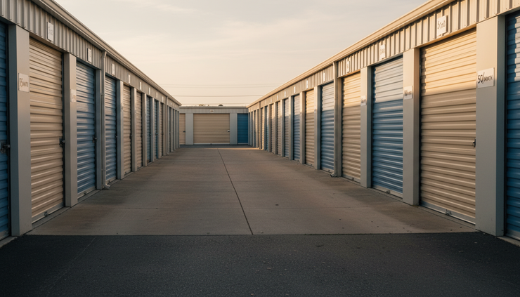 Eye-level view of varied self-storage unit doors in different sizes along one aisle
