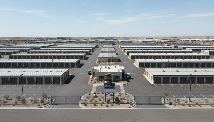 High-angle view of rows of self-storage buildings under clear daylight.