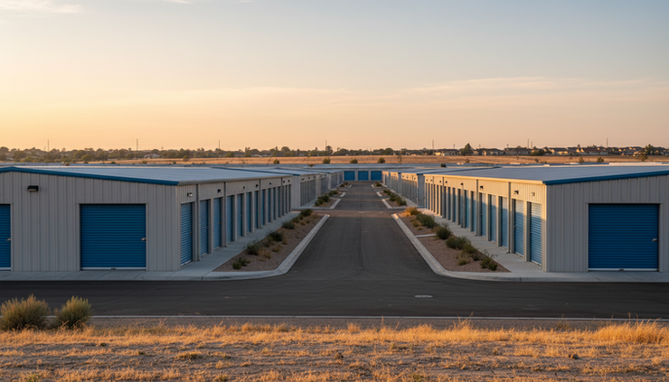 Wide-angle view of self-storage rows spread across a dry suburban property