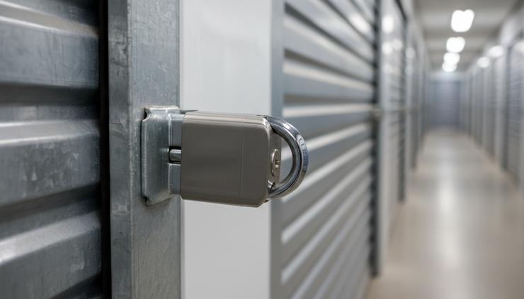 Close-up view of a storage unit lock on a roll-up door with other doors blurred behind it.