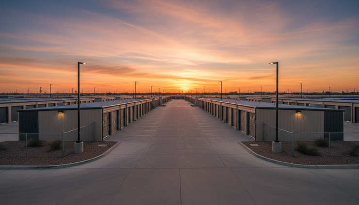 Wide-angle view of a self-storage property at sunset with rows of units and open drive aisles.
