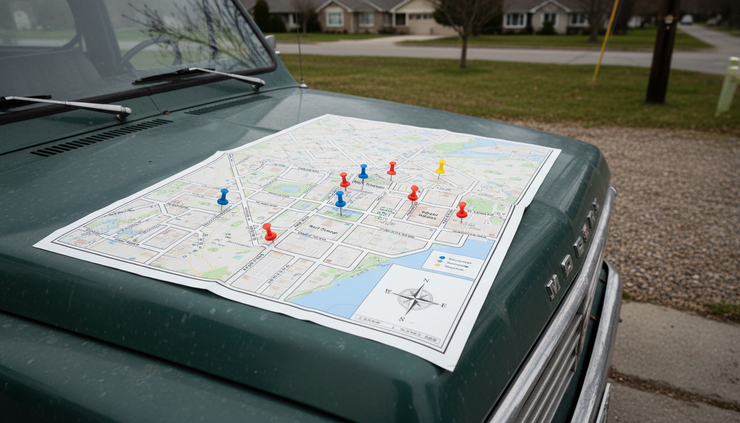 High-angle view of a printed neighborhood map with small markers placed near storage facilities.