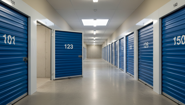 Wide-angle view of a self-storage corridor with numbered roll-up doors and one open unit.