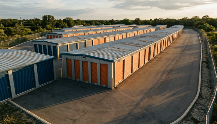 Wide-angle view of exterior self-storage unit rows under clear afternoon light.