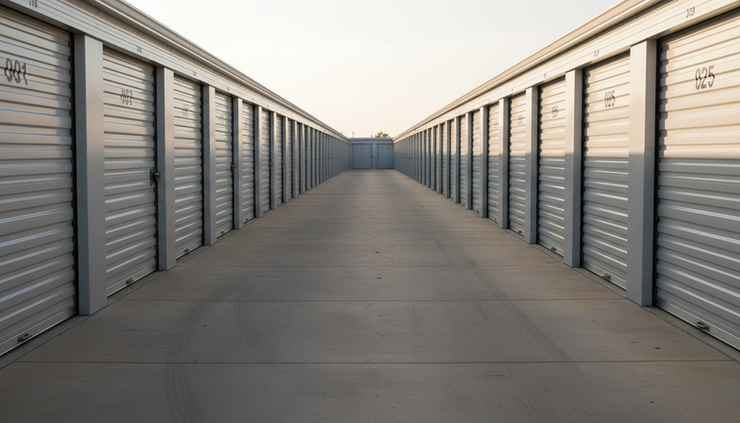 Close-up view of numbered self-storage unit doors in a long row.