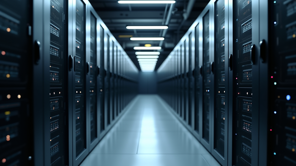 High angle view of a server room with racks of data storage equipment