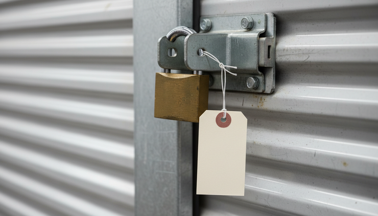 Close-up view of a storage unit lock and a weathered price tag hanging from the latch.