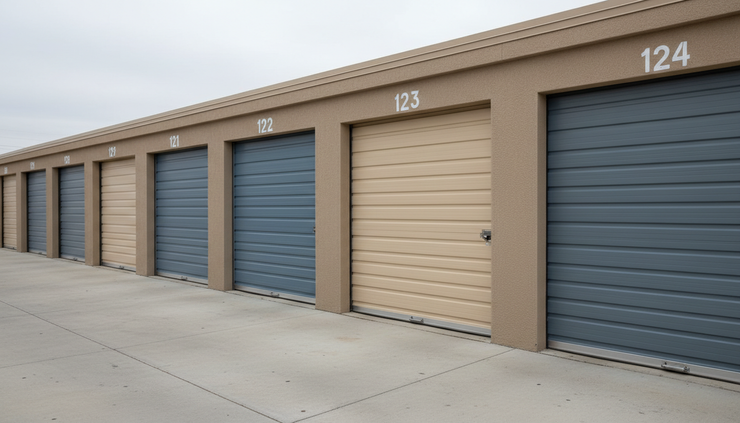 Close-up view of storage unit doors in different sizes along one drive aisle.