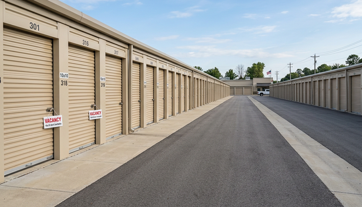 Wide-angle view of a quiet self-storage driveway lined with closed roll-up doors.