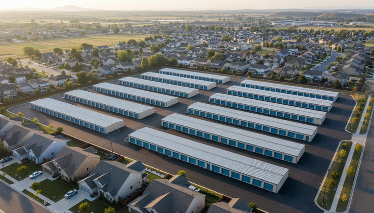 High-angle view of multiple self-storage buildings laid out across a neighborhood edge.
