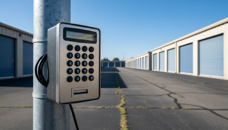 Close-up view of a self-storage gate keypad beside a drive aisle.