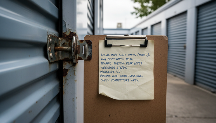 Close-up view of a handwritten facility traffic note clipped to a storage unit latch.