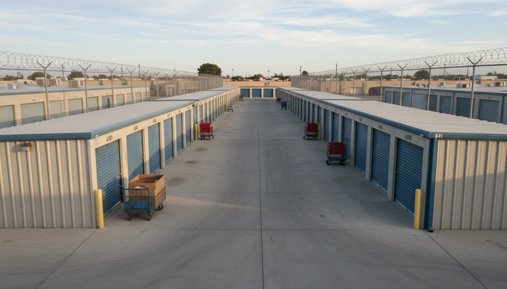 Overhead view of a storage facility lane with marked unit rows and parked moving carts.