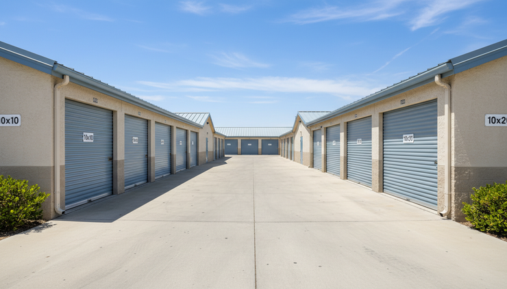 Wide-angle view of adjoining self-storage unit doors in several sizes along a clean drive aisle.