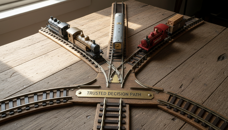 Overhead view of a rail switch guiding three small model trains on separate tracks.