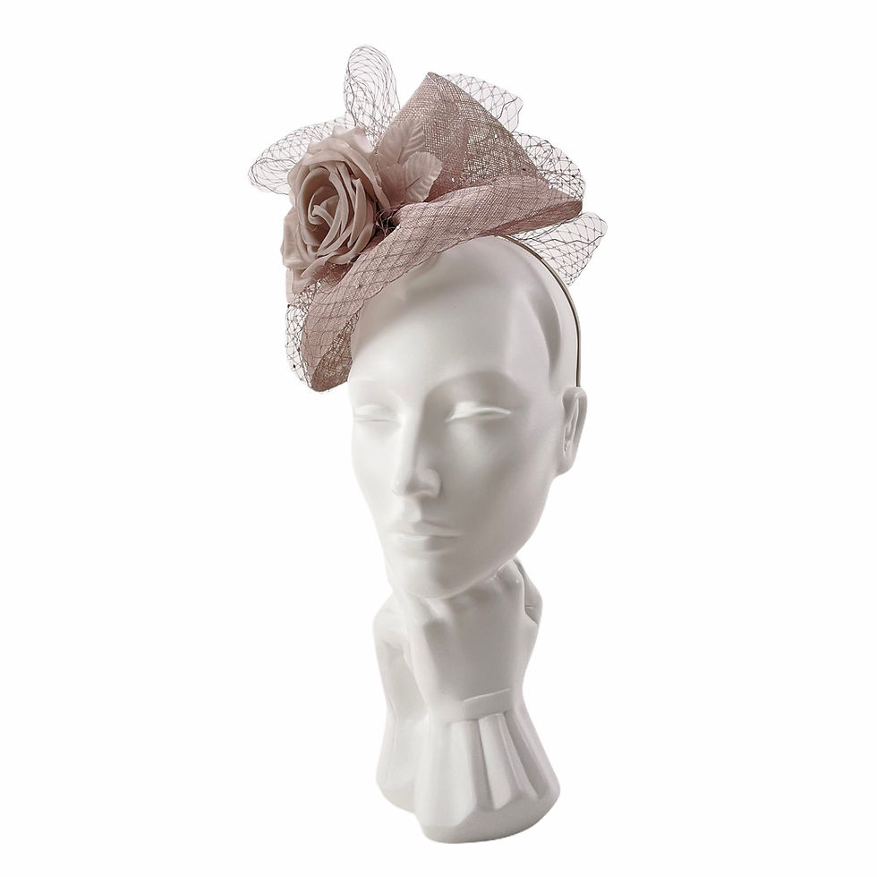 Thumbnail: Oyster Grey  Wedding Fascinator Hat with Silk Rose and Veiling by Marvellous Millinery Winchester