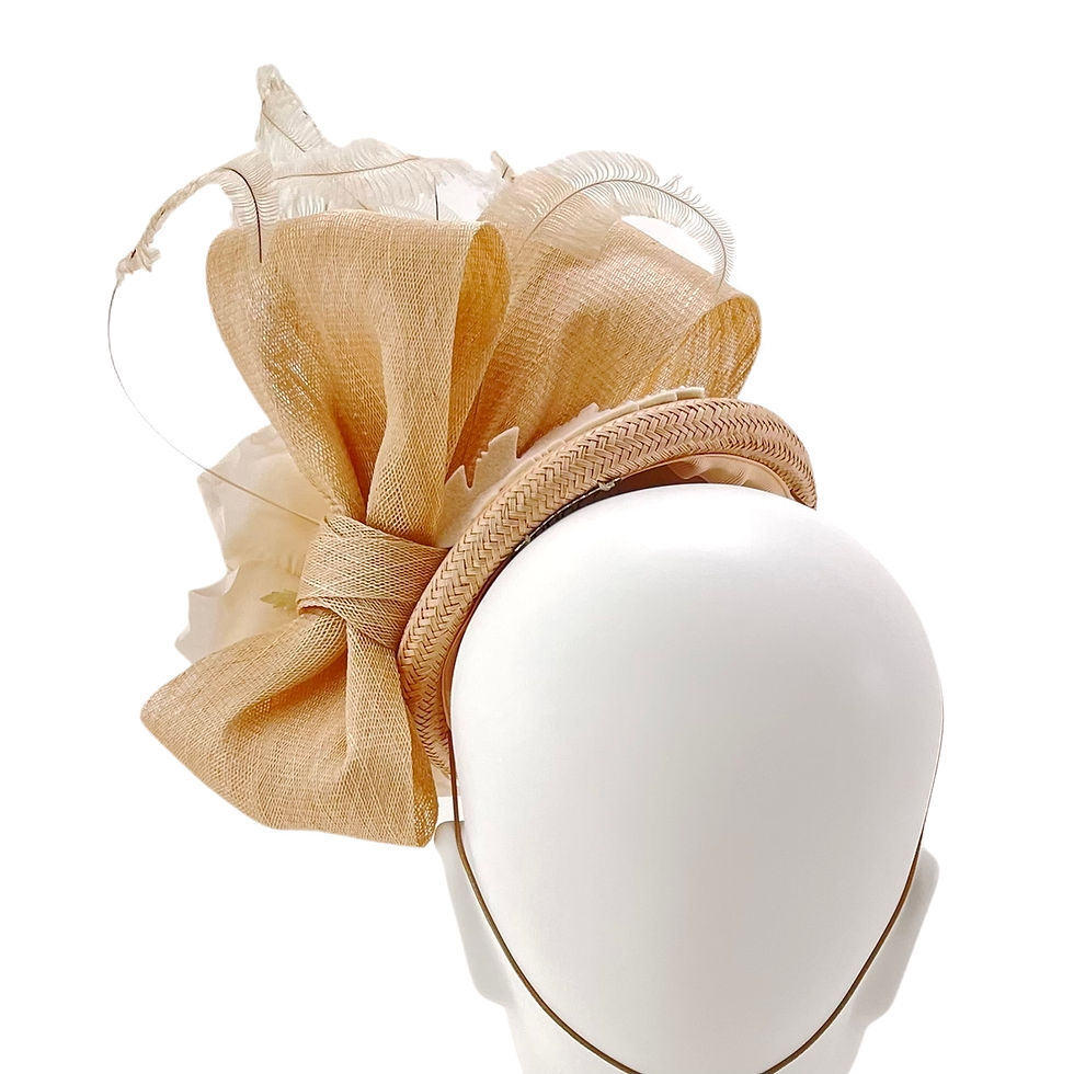 Thumbnail: Nude Pink, Biscuit and Cream Wedding Fascinator Hat with Silk Rose and Bow by Marvellous Millinery Winchester