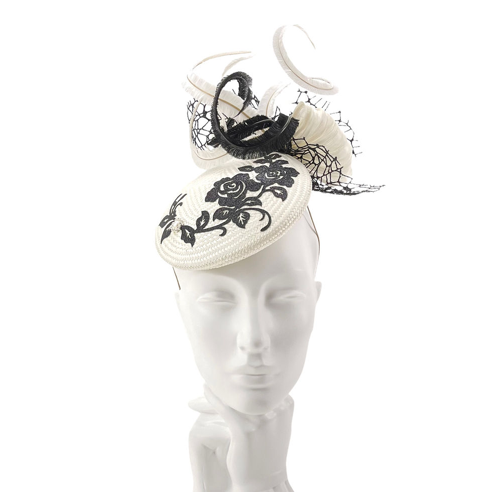 Thumbnail: Ivory White and Shimmering Black Wedding Fascinator Hat with Bow and Feathers by Marvellous Millinery Winchester