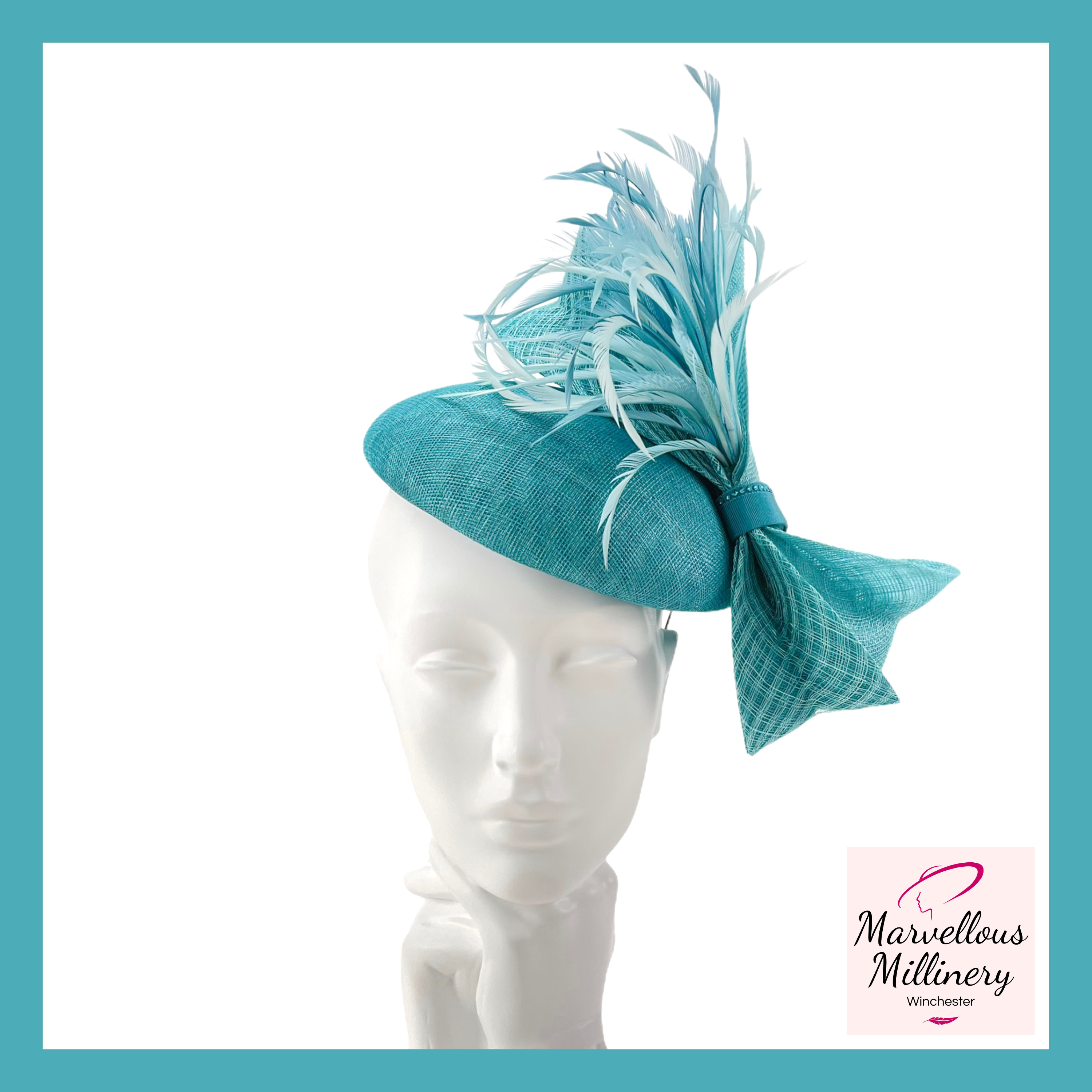 Teal Turquoise and Kingfisher Blue Wedding Fascinator Hat by Marvellous Millinery Winchester